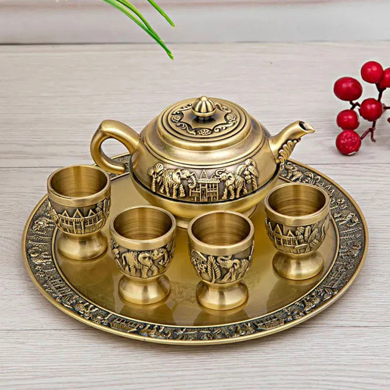 Retro Zinc Alloy Tea Set, Creative Brewing Bule, cor de cobre, Kung Fu Tea Brewing, ornamentos decorativos, 6 pcs