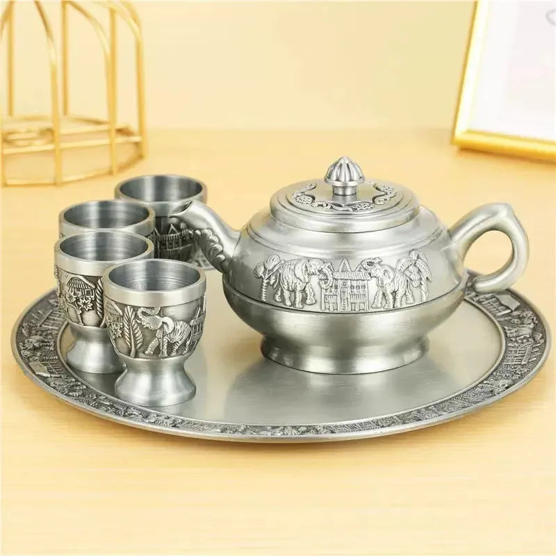 Retro Zinc Alloy Tea Set, Creative Brewing Bule, cor de cobre, Kung Fu Tea Brewing, ornamentos decorativos, 6 pcs