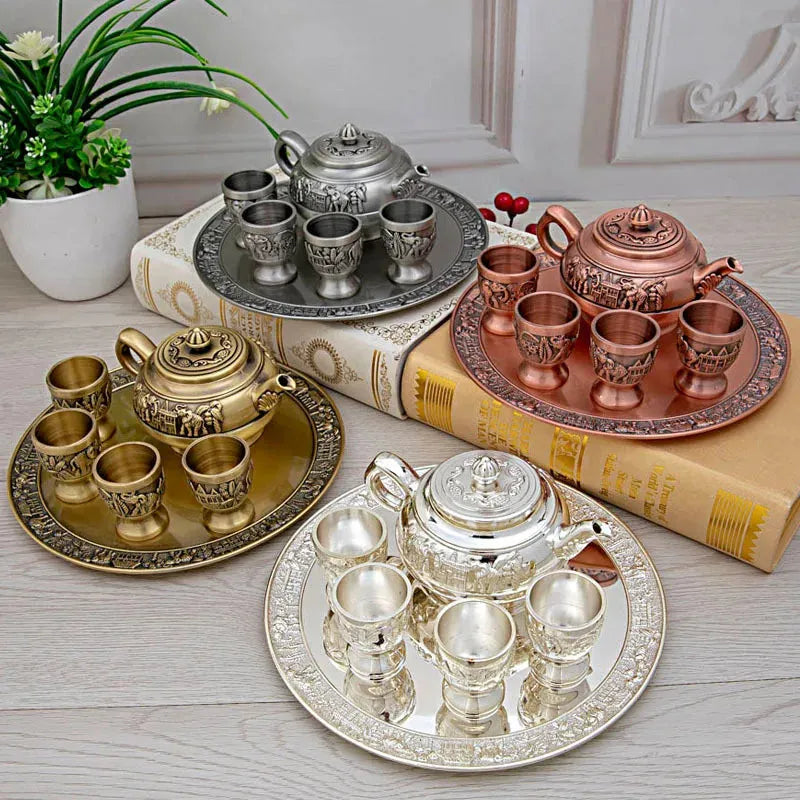 Retro Zinc Alloy Tea Set, Creative Brewing Bule, cor de cobre, Kung Fu Tea Brewing, ornamentos decorativos, 6 pcs