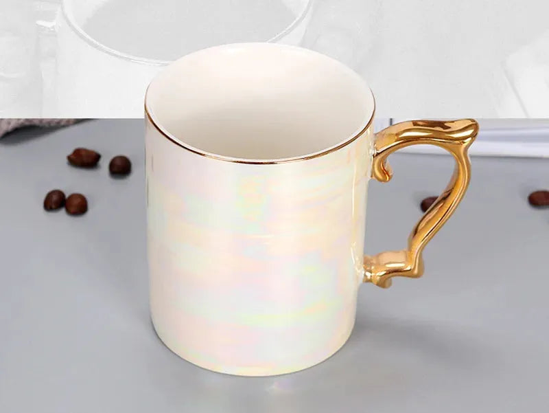 Caneca do punho do ouro do esmalte pérola, Arco-íris avançado vitrificado copo de café cerâmico, Xícara nórdica simples, presente novo do drinkware, moda